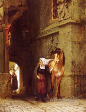  Leading Painting - Leading the Horse from Stable Frederick Arthur Bridgman